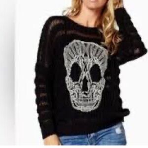 [M/L]Katsumi Black Sequins Half Sheer Crew Neck Pullover Acrylic Sweater Skull